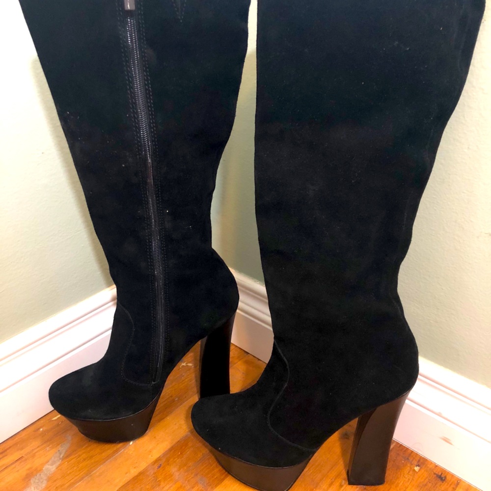 Knee high black suede boots